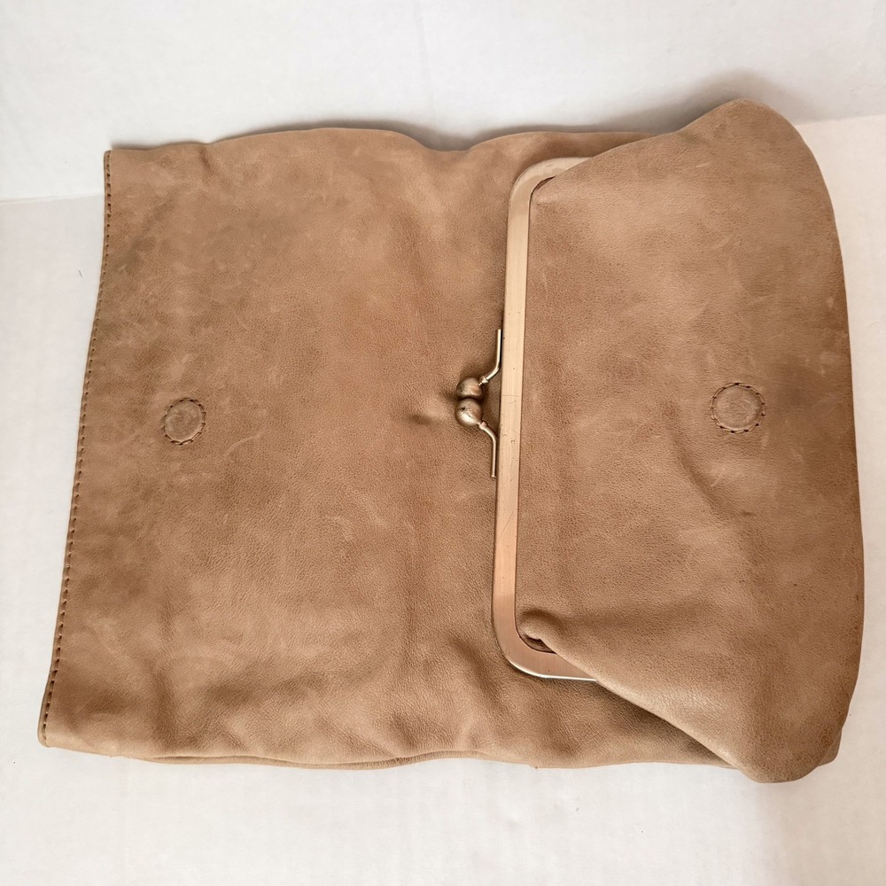 Marciano Angelique Tan‎ Leather Foldover Clutch Bag Gold Logo Accent - Picture 2 of 9